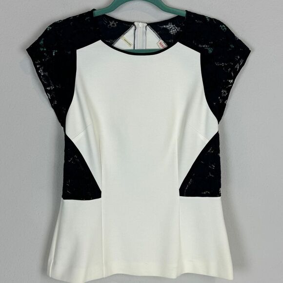Rebecca Taylor Ivory Black Lace Peplum Top 10 - Picture 1 of 9